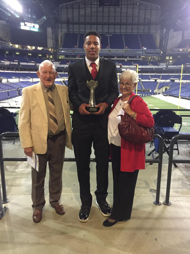 <strong>Desmond Bane posed with his great-grandmother Fabbie Bane and great-grandfather Bob Bane after an Indiana High School Sports Awards ceremony.</strong> (Courtesy Tony Bane)