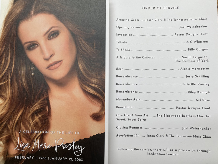 <strong>Part of the bulletin from Lisa Marie Presley's memorial service that took place Jan. 22.</strong> (Chris Herrington/The Daily Memphian)