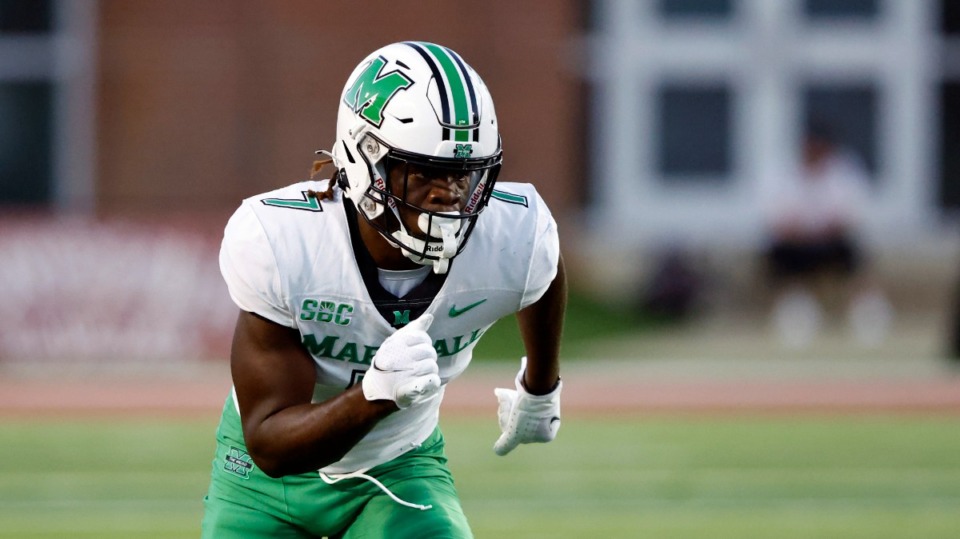<strong>Corey Gammage (7), seen here as a wide receiver for Marshall, is joining the Memphis Tigers via transfer portal.</strong> (Butch Dill/AP)