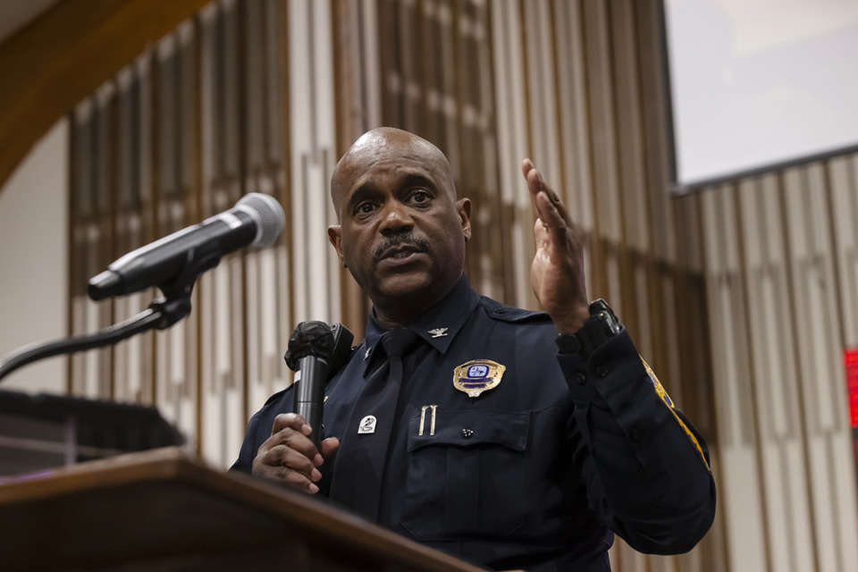 <strong>Memphis South Precinct Colonel Carlos Davis leads a town hall meeting at Mt. Vernon Church in Westwood on Monday, Jan. 23, 2023.</strong> (Ziggy Mack/Special to The Daily Memphian)