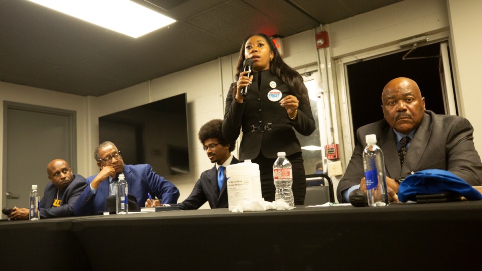 <strong>Dominique Frost (standing) speaks at Mt. Vernon Baptist Church during the State District 86 special election panel on Tuesday, Jan. 3, 2023. Other speakers included (from left) Will Richardson, Julian T. Bolton, Justin J. Pearson and Rod Blount.</strong> (The Daily Memphian files)