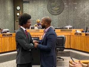 <strong>State Representative Justin J. Pearson, left, and Shelby County Commission chairman Mickell Lowery, right, talk after Wednesday&rsquo;s 9-0 vote appointing Pearson to the District 86 House seat.</strong> (Bill Dries/The Daily Memphian)