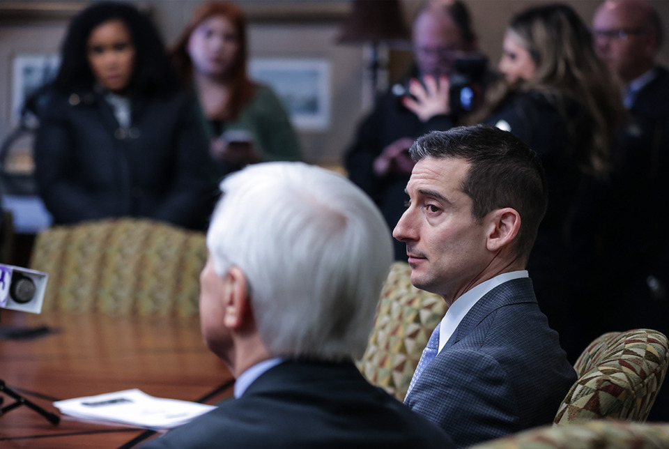 <strong>Defense attorney Blake Ballin looks at fellow attorney Bill Massey during a Jan 26, 2023 press conference.</strong> (Patrick Lantrip/The Daily Memphian)