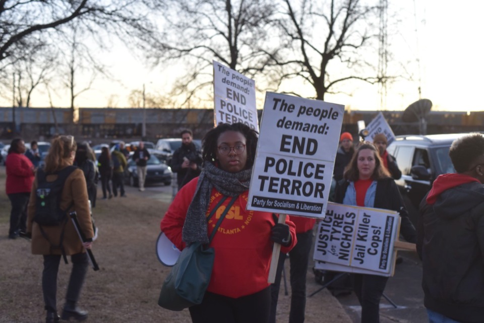 <strong>Protesters gather on Jan. 27 at Martyrs Park on Channel 3 Drive.</strong> (Ben Wheeler/The Daily Memphian)