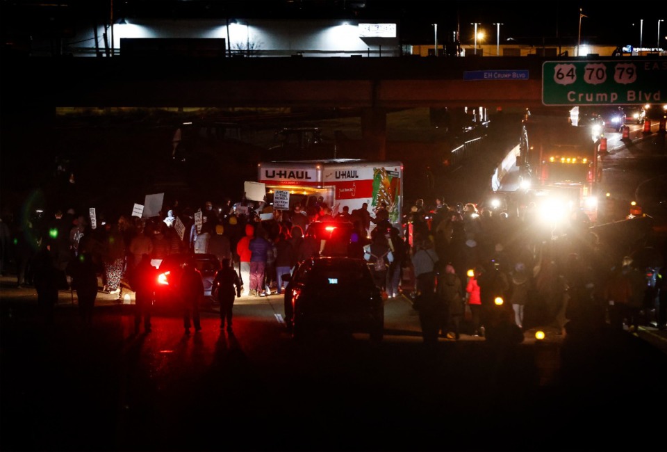 <strong>Protesters block Riverside Drive near Crump Avenue after gathering at Martyrs Park on Friday, Jan. 27, 2023.</strong> (Mark Weber/The Daily Memphian)