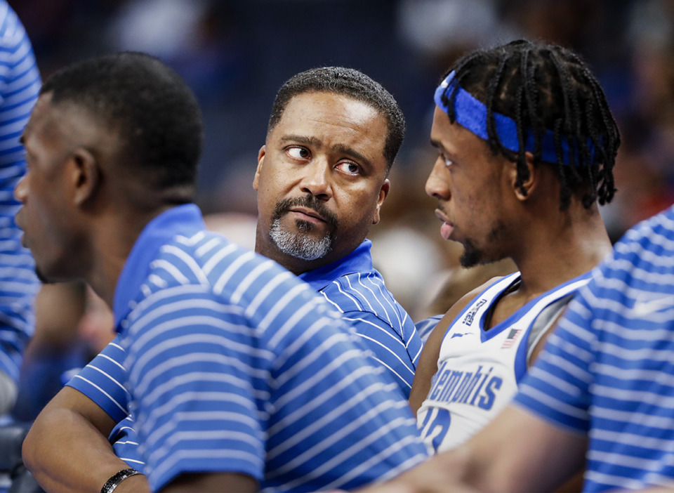 <strong>Memphis Tigers assistant coach Frank Haith on the bench during action against Christian Brothers University on Sunday, October 23, 2022. </strong>(Mark Weber/The Daily Memphian file)