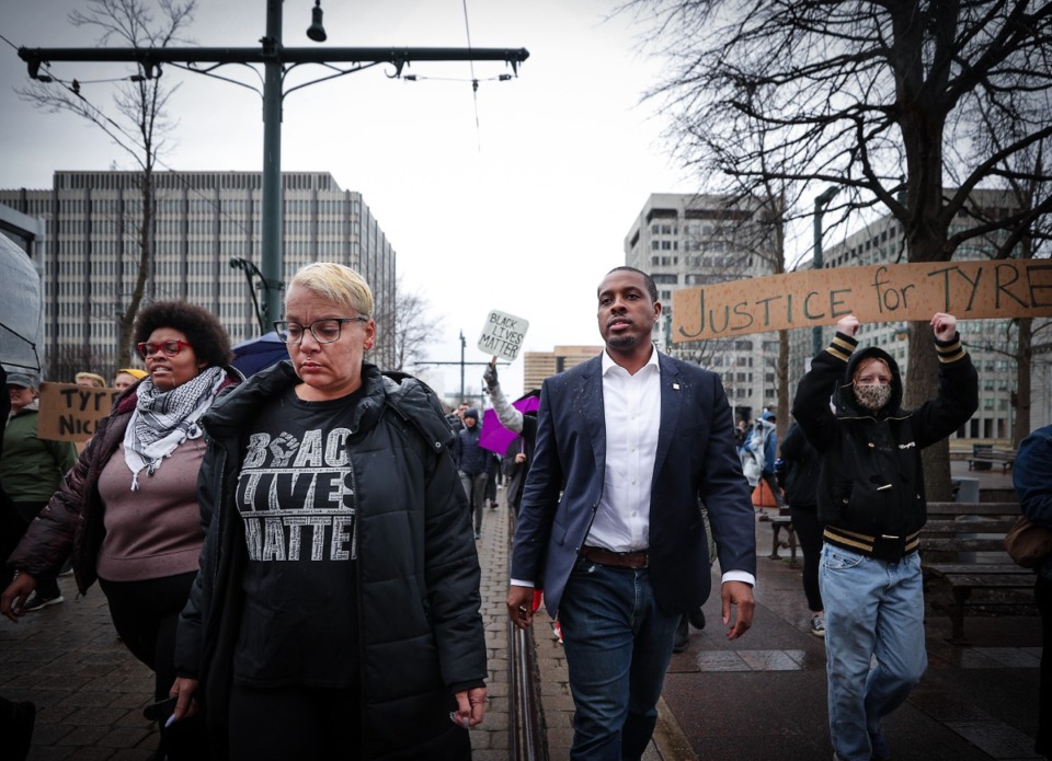 <strong>Memphis City Councilman JB Smiley marches with local activists demanding justice for Tyre Nichols Jan. 28, 2023.</strong> (Patrick Lantrip/The Daily Memphian)