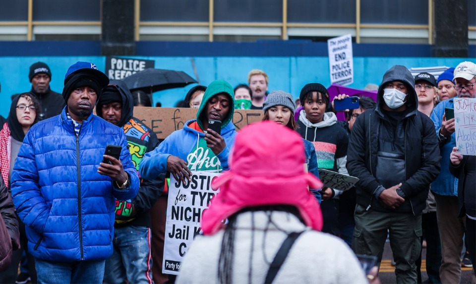 <strong>Activist leaders speak to a crowd gathered in Downtown Memphis to march for Tyre Nichols Jan. 28, 2023.</strong> (Patrick Lantrip/The Daily Memphian)