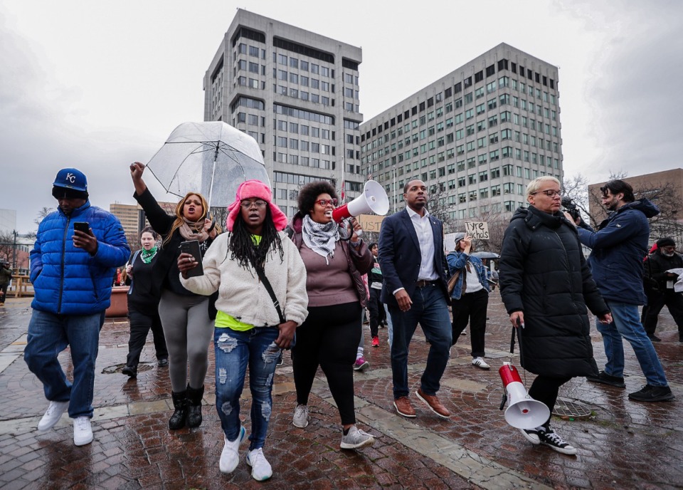 <strong>A crowd of activists start to march for Tyre Nichols in Downtown Memphis Jan. 28, 2023.</strong> (Patrick Lantrip/The Daily Memphian)