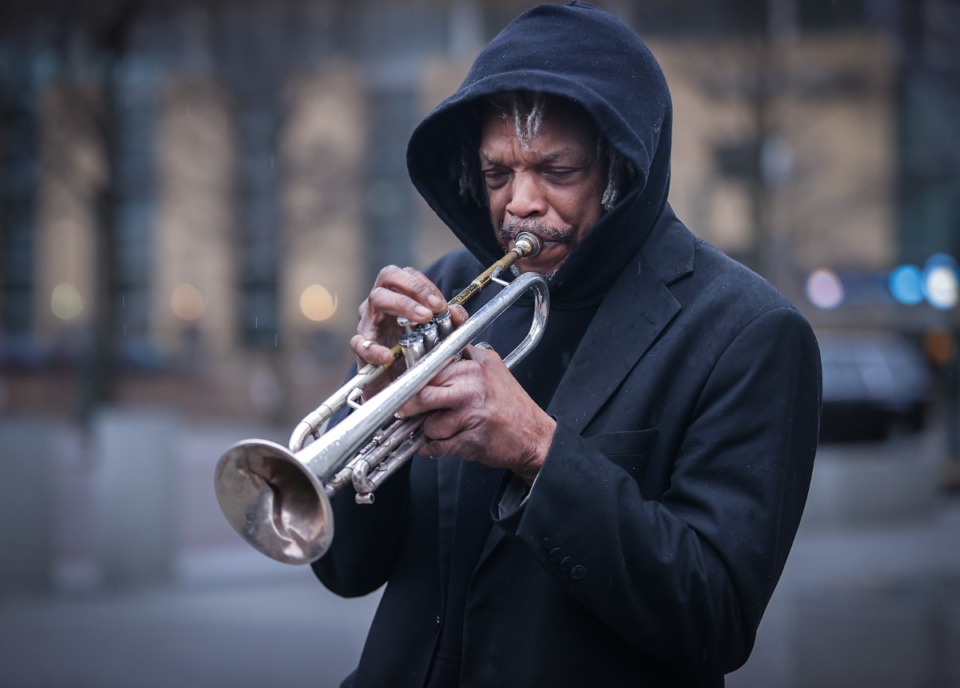 <strong>Dedrick Davis plays "Lift Every Voice and Sing" on the trumpet as a march for Tyre Nichols in Downtown Memphis winds down Jan. 28, 2023.</strong> (Patrick Lantrip/The Daily Memphian)