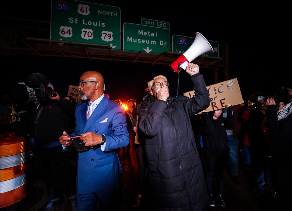 <strong>Protesters blockade the I-55 bridge in Memphis demanding justice for Tyre Nichols on Jan. 27, 2023.</strong> (Patrick Lantrip/The Daily Memphian)