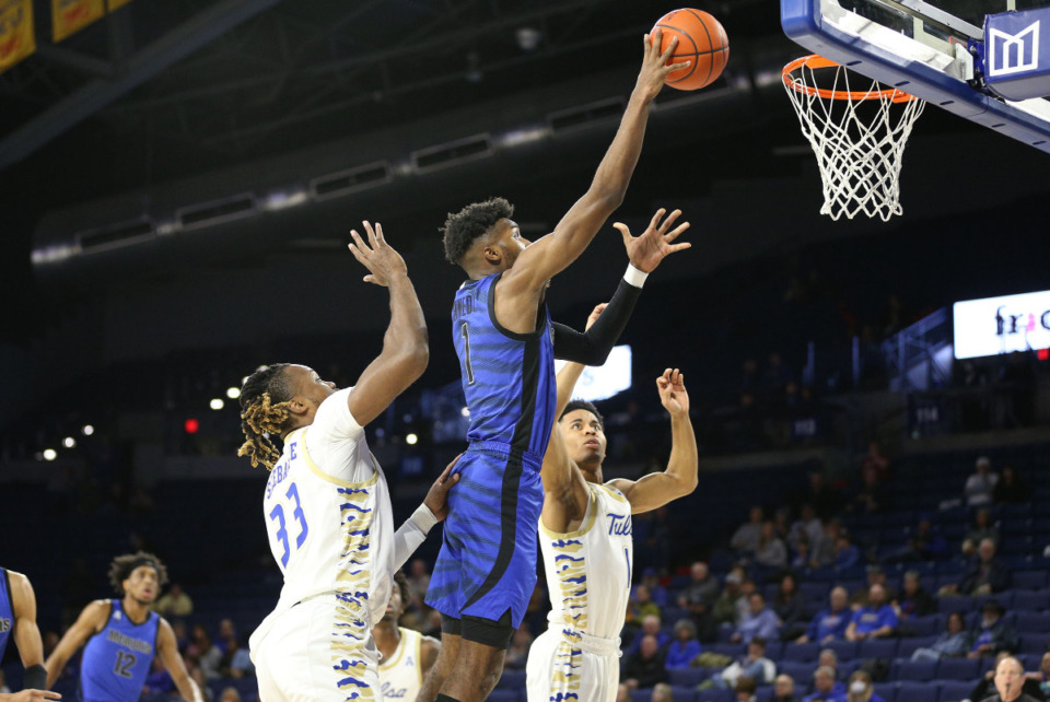 <strong>Memphis Tigers guard Keonte Kennedy (1) puts a shot in during the Tigers&rsquo; game against Tulsa at the Reynolds Center in Tulsa, Oklahoma, on Jan. 29, 2023.</strong> (Joey Johnson/Special to The Daily Memphian)