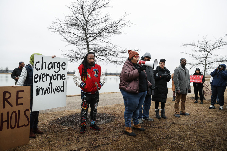 <strong>Local activists lead a protest demanding justice for Tyre Nichols on Jan. 30 at Shelby Farms.</strong> (Mark Weber/The Daily Memphian)