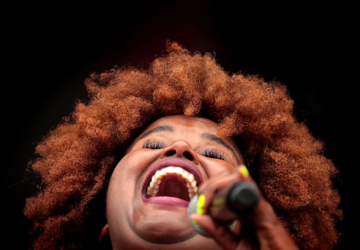 <strong>Kam Franklin with The Suffers performs on the FedEx Stage during the 2019 Beale Street Music Festival on May 4, 2019, at Tom Lee Park. Despite a persistent drizzle, thousands of fans turned out for performances by Muck Sticky, Echosmith, OneRepublic and Blind Mississippi Morris as well as a surprise visit by Miley Cyrus.</strong> (Jim Weber/Daily Memphian)