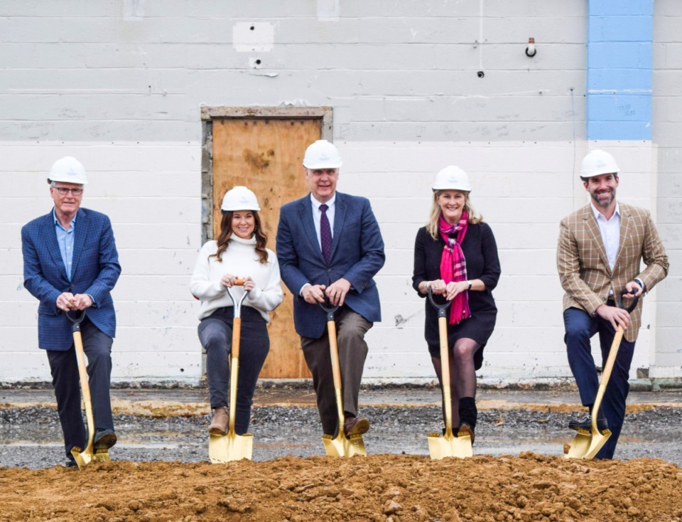 <strong>From left: Mike Mattingly, Ali Deutsch, Tom Hood, Molly Sicuro and Travis LeMonte break ground in late January on a $10 millionSt. Agnes Academy-St. Dominic School math and science center.</strong> (Submitted)
