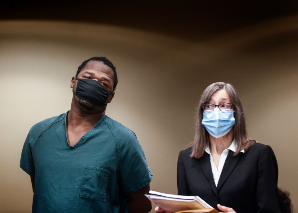 <strong>Cleotha Henderson, aka Abston (left), with his attorney Jennifer Case (right) appears in Judge Lee Coffee&rsquo;s courtroom on Friday, Feb. 3, 2023.</strong> (Mark Weber/The Daily Memphian)