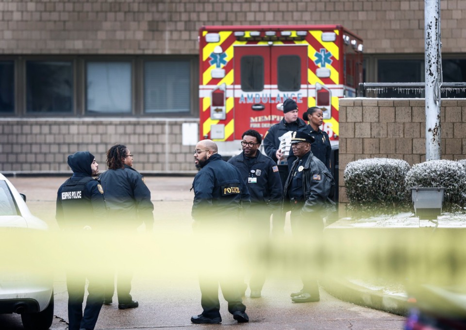<strong>Memphis Police officers were stationed outside Regional One Medical Center after an officer was shoot Thursday, Feb. 2.</strong> (Mark Weber/The Daily Memphian)