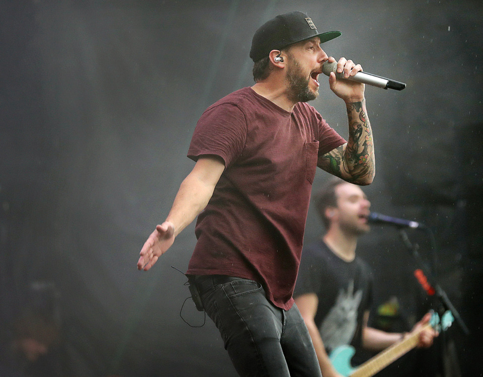 <strong>Vocalist Pierre Bouvier with Simple Plan performs on the Terminix Stage during the 2019 Beale Street Music Festival on May 4, 2019, at Tom Lee Park. Despite a persistent drizzle, thousands of fans turned out for performances by Muck Sticky, Echosmith, OneRepublic and Blind Mississippi Morris as well as a surprise visit by Miley Cyrus.</strong> (Jim Weber/Daily Memphian)