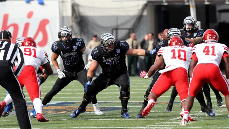 <strong>Gabe Kuhn (71) was a starter on the offensive line in all 38 games in which he played for the University of Memphis. Kuhn graduated in 2017 with a degree in journalism.</strong> (Joe Murphy/Courtesy Memphis Athletics)