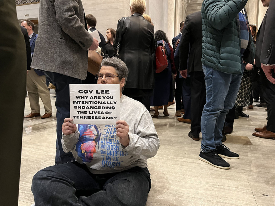 <strong>Greta McClain of Nashville stood just outside the main door to the House chamber. McClain said the state should expand Medicaid.</strong> (Ian Round/The Daily Memphian)