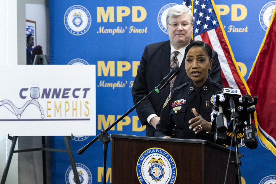 <strong>Memphis Police Chief Cerelyn "C.J." Davis speaks during a press conference on Nov. 16, 2022. The MPD has charged eight more officers in connection with the Tyre Nichols killing, bringing the total to 13.</strong> (Brad Vest/The Daily Memphian file)