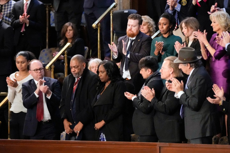 <strong>RowVaughn Wells, fourth from left, mother of Tyre Nichols, and her husband Rodney Wells, third from left, are recognized by President Joe Biden as he delivers the State of the Union address to a joint session of Congress at the Capitol on Tuesday, Feb. 7, 2023.</strong> (Patrick Semansky/AP)