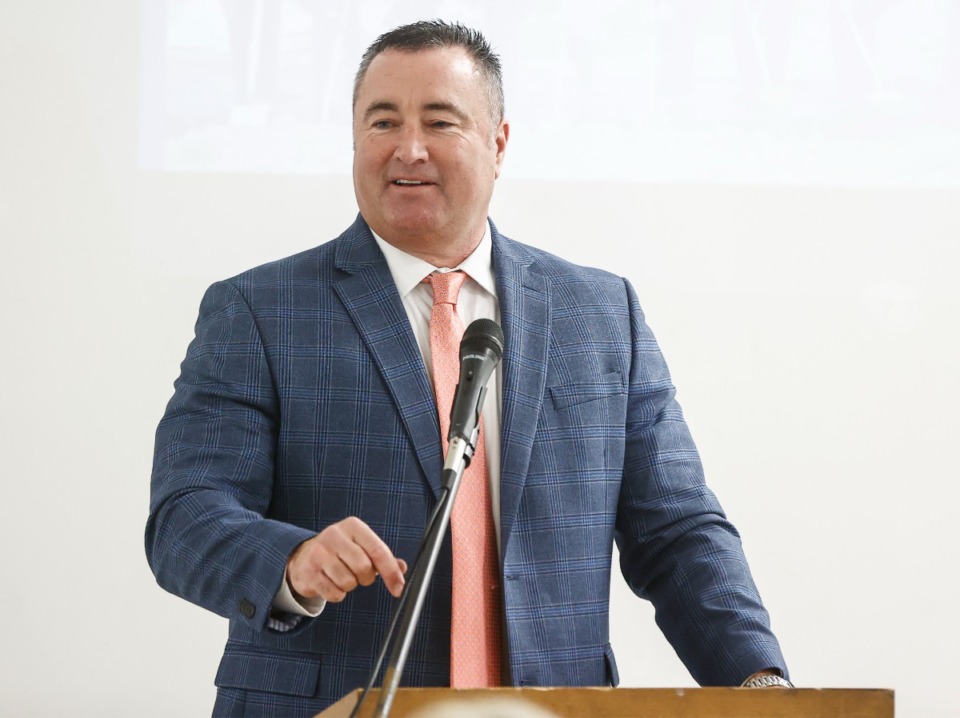 <strong>Arlington Mayor Mike Wissman makes his annual State of the Town presentation at the Arlington Chamber luncheon on Wednesday, Feb. 8, 2023.</strong> (Mark Weber/The Daily Memphian file)