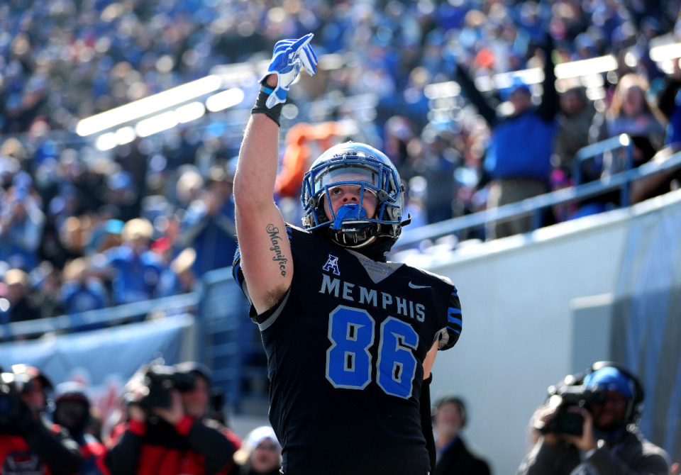 <strong>Memphis Tigers tight end Joey Magnifico (86) celebrates after scoring a touchdown in a game against Tulsa on Saturday, Nov. 10, 2018.</strong> (Houston Cofield/The Daily Memphian file)